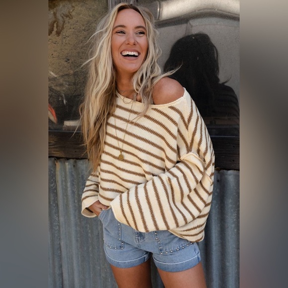 Boat Neck Long Sleeve Striped Sweater - Picture 1 of 3